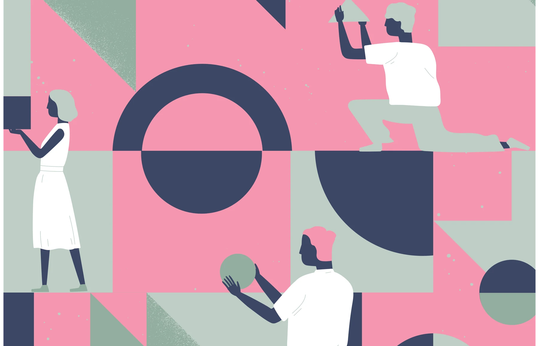 Illustrated figures building a shared shape together