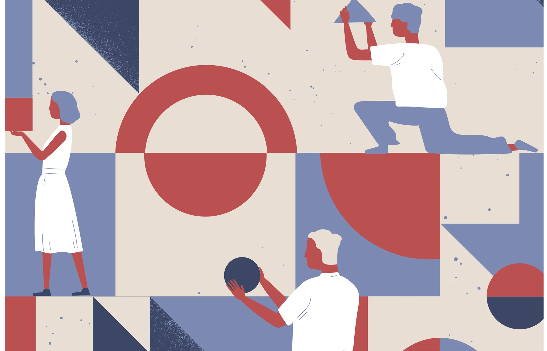Illustrated figures gathered around a shared circle