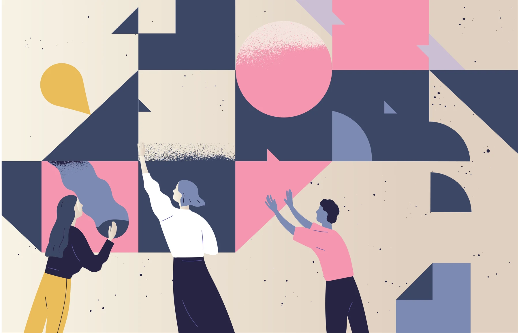 Illustrated figures reaching towards a shared shape