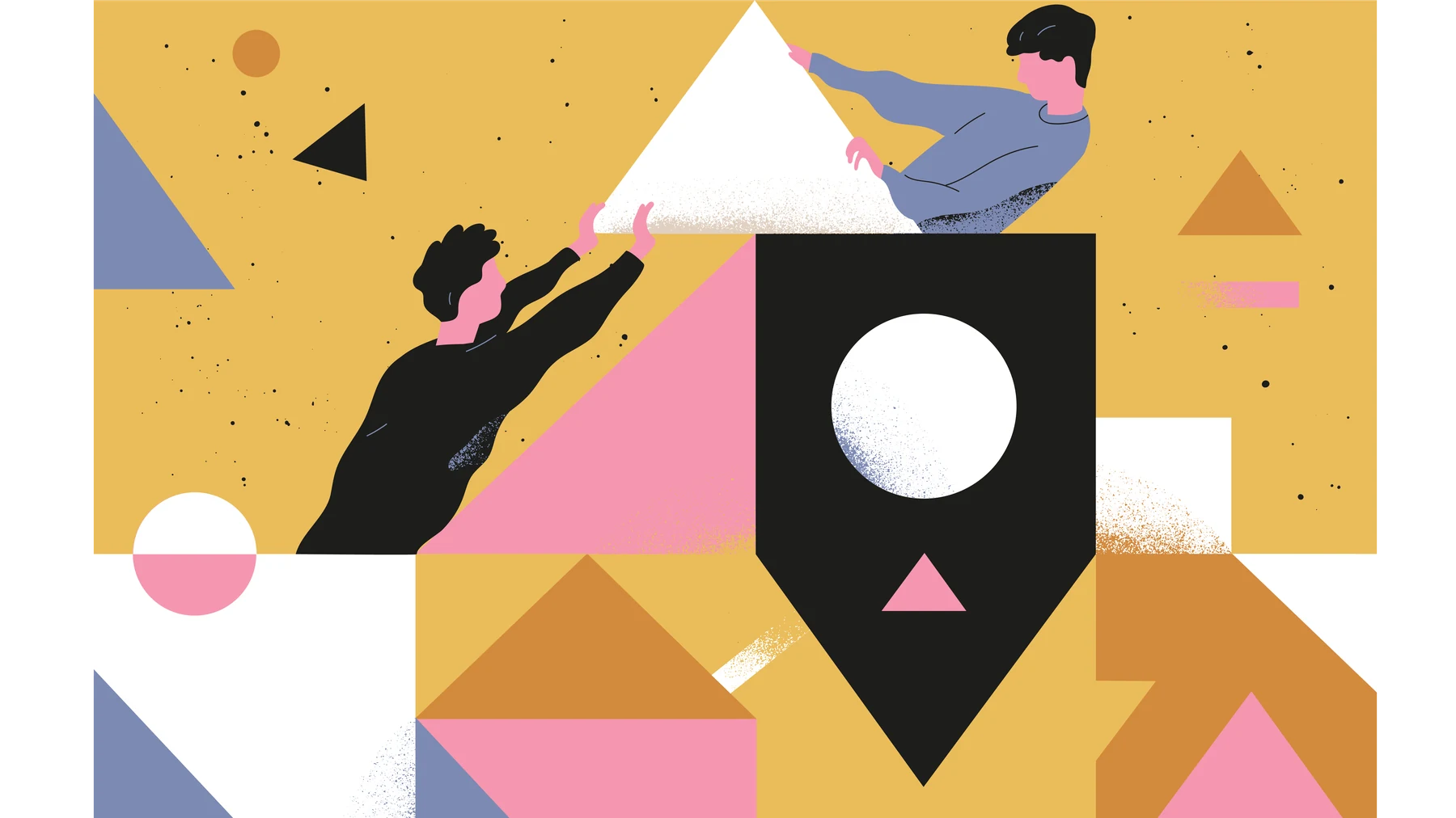 Illustrated figures building and passing a shape together, representing collaborative relationship systems work